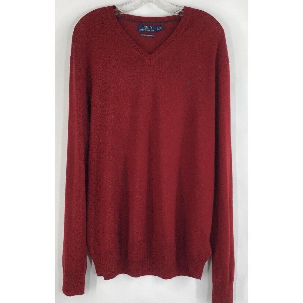 Polo Ralph Lauren Men's V-Neck Knit Merino Wool Sweater Red size XL Extre Large
